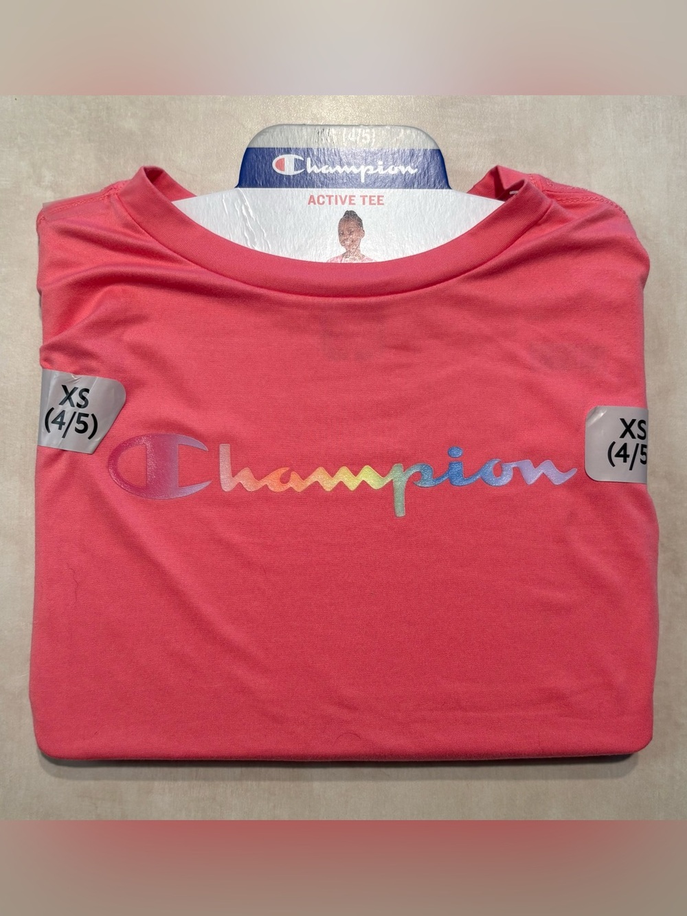 Champion Girls' Short Sleeve Tee - Pink with Rainbow Logo
